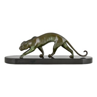 Georges Lavroff, Art Deco Panther Sculpture, 1945, Bronze & Marble For Sale
