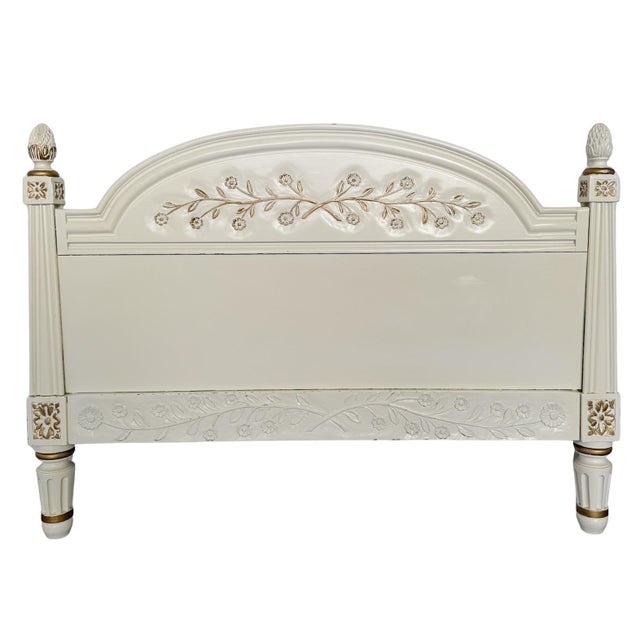 Wood Mid-Century French Louis XVI Style Creme Peinte & Gilt Twin Cane Beds - A Pair For Sale - Image 7 of 18