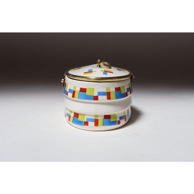 German Art Deco Ceramic and Brass Biscuit Tin With Geometric Motif For Sale - Image 4 of 18