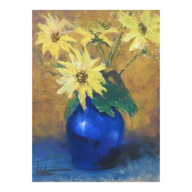 Mid 20th Century Yellow Daisies Pastel Still Life Painting For Sale