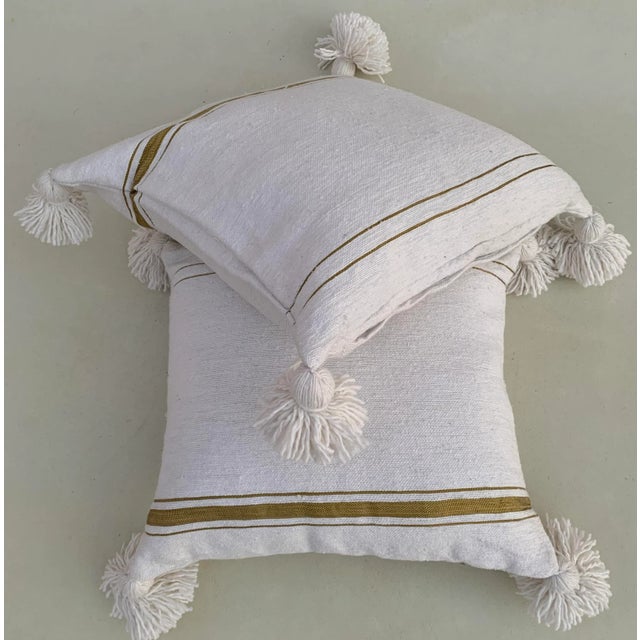 Moroccan Early 21st Century Moroccan Pure Wool Pillows Pom Poms Covers- a Pair For Sale - Image 3 of 9