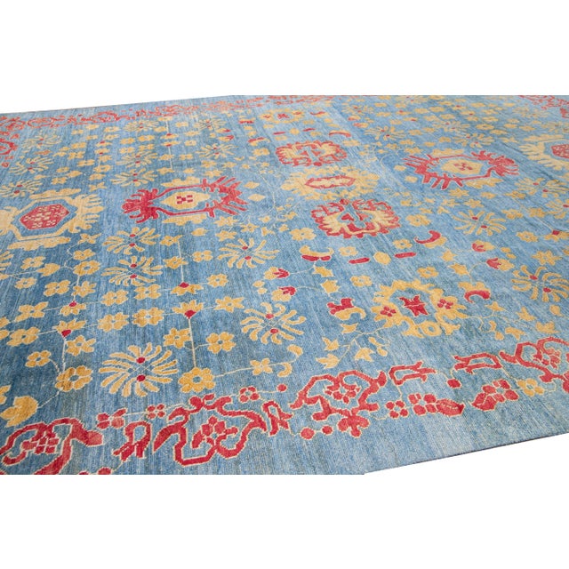 Textile Modern Oushak Handmade Floral Blue Oversize Wool Rug For Sale - Image 7 of 9