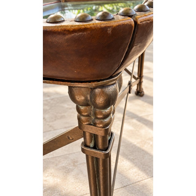 2000s Attributed to Maitland-Smith Leather, Iron & Glass Nailhead Coffee Table For Sale - Image 10 of 11