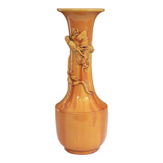 Vintage Awaji Pottery Dragon Vase Japanese Arts Crafts Yellow Monochrome 18" For Sale