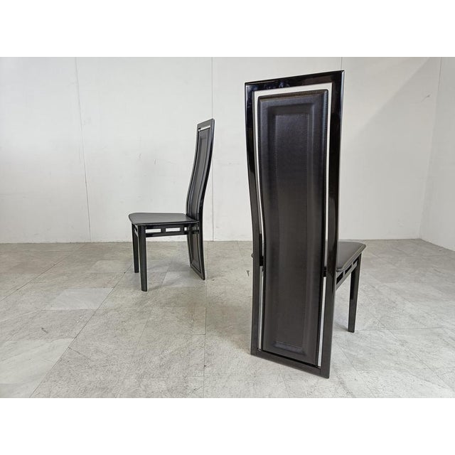 Black Italian Modern Lacquered Wood and Leather Dining Chairs, 1980, Set of 8 For Sale - Image 8 of 12