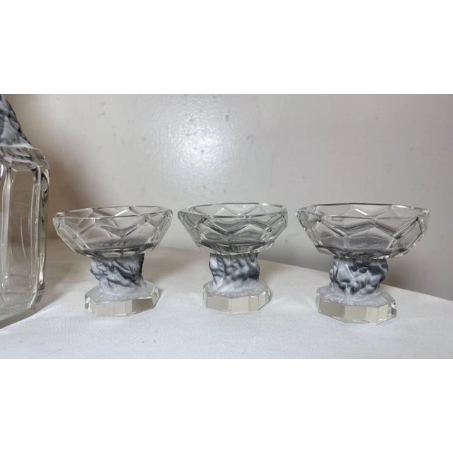 Antique Clear Frosted Crystal Czech Bohemian Rose Art Deco Glass Decanter - Set of 7 For Sale - Image 4 of 12