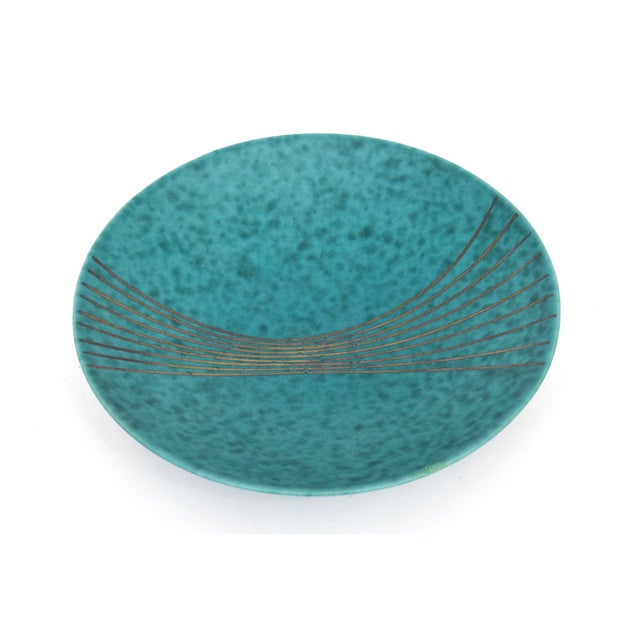 Gustavsberg Vintage Gustavsberg Argenta Turquoise Green Ceramic Bowl With Silver Lines Sweden For Sale - Image 4 of 9