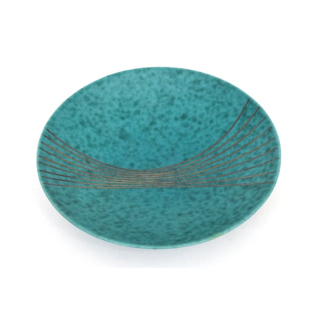 Gustavsberg Vintage Swedish Gustavsberg Argenta Turquoise Green Ceramic Bowl With Silver Lines, 1950's For Sale - Image 4 of 9