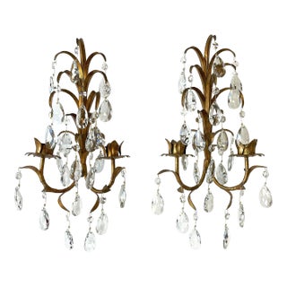 Vintage Italian Tole Wall Sconces With Teardrop Crystal Accents- a Pair For Sale