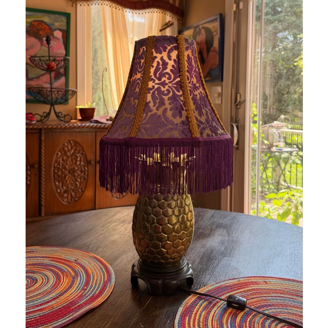 Vintage Purple Velvet Leaf Lamp Shade With Gold Lining & Mustard Trim For Sale - Image 6 of 6