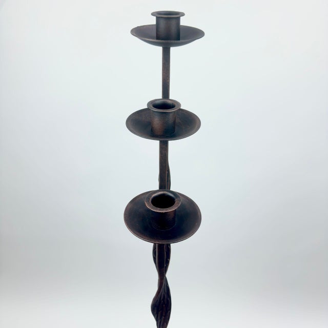 Hand Forged Iron Candelabra Set of 3 (107-127cm) Antique Copper Finish Open Twist Stem with Arched Base For Sale - Image 4 of 8