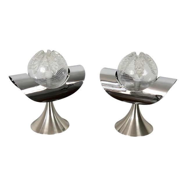 Chrome, Steel & Glass Table Lamp, Italy, 1970s, Set of 2 For Sale