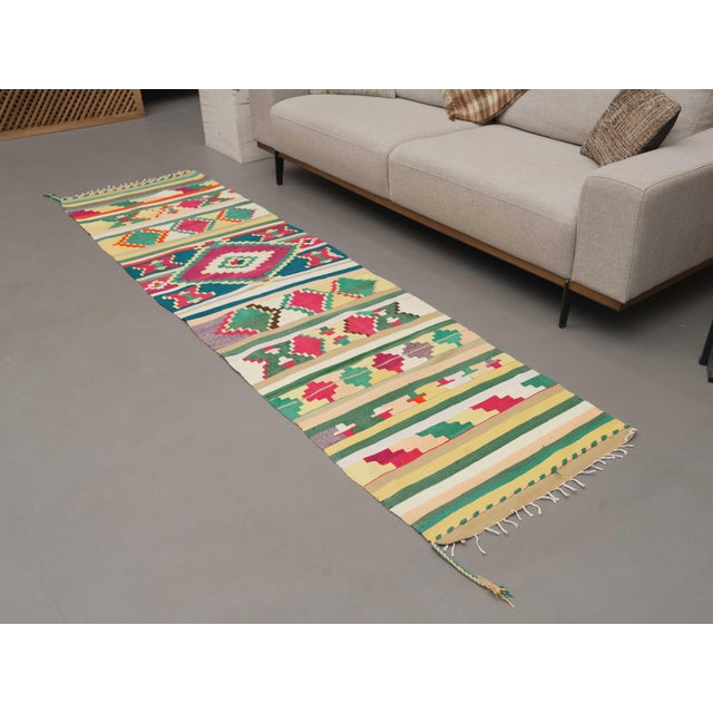 1970s 1970s Vintage Handmade Wool Cotton Pink Green Runner Rug For Sale - Image 5 of 11