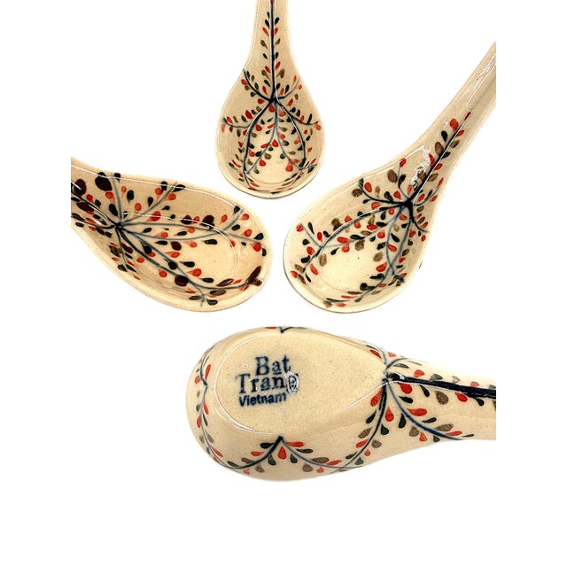 2020s Asian Modern Bat Trang Vietnam Ceramic Soup Spoons Hand Painted With Floral Petal Motif - Set of 6 For Sale - Image 5 of 6