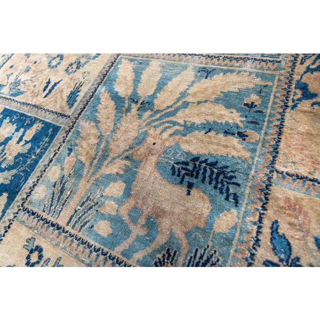 1900 - 1909 1900s Antique Navy Tan Distressed Indo Kashan Botanical Animal Allover Design Hand-Knotted Wool Low Pile Rug - 9’8“ X 12’ For Sale - Image 5 of 12