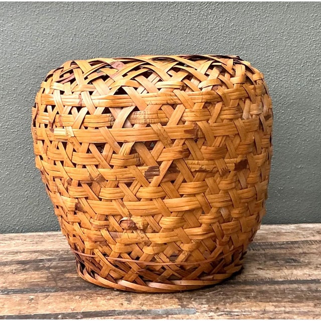Contemporary Vintage Woven Rattan Floor Basket For Sale - Image 3 of 12