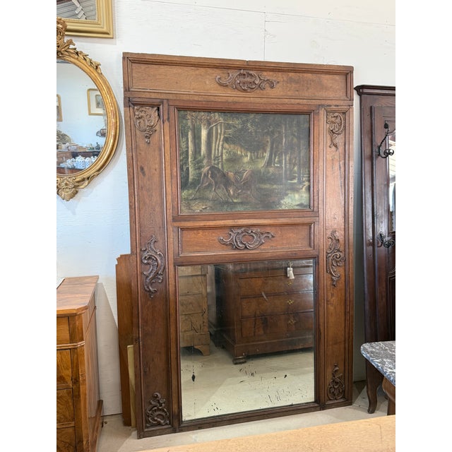 Large 18th Century French Louis XVI Solid Oak Trumeau Mirror Period Chateux For Sale - Image 4 of 12