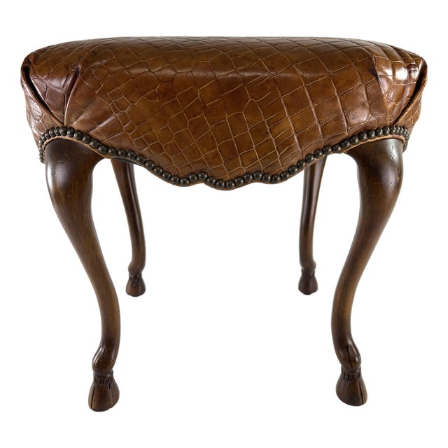Ralph Lauren Regency Inspired Leather and Walnut Vanity Bench For Sale