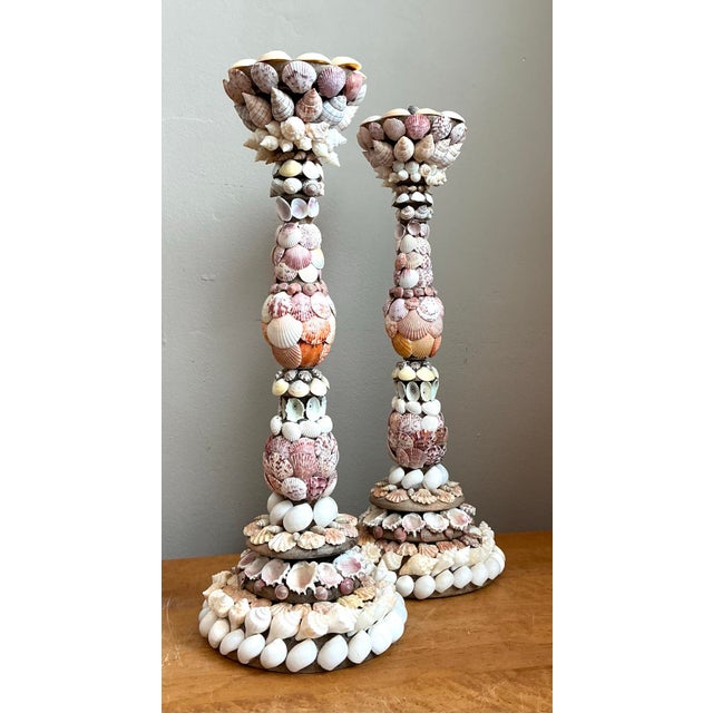 Vintage Shell Encrusted Candle Holders - Pair For Sale - Image 10 of 12