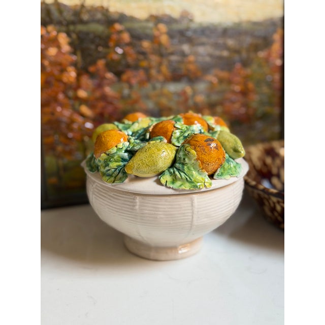 Vintage Italian Majolica Style Lemon and Orange Lidded Topiary Jar For Sale - Image 9 of 9