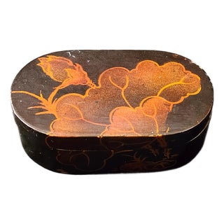 Vintage Japanese Lacquer Trinket Box Asian Makie Lidded Storage With Red Lining For Sale
