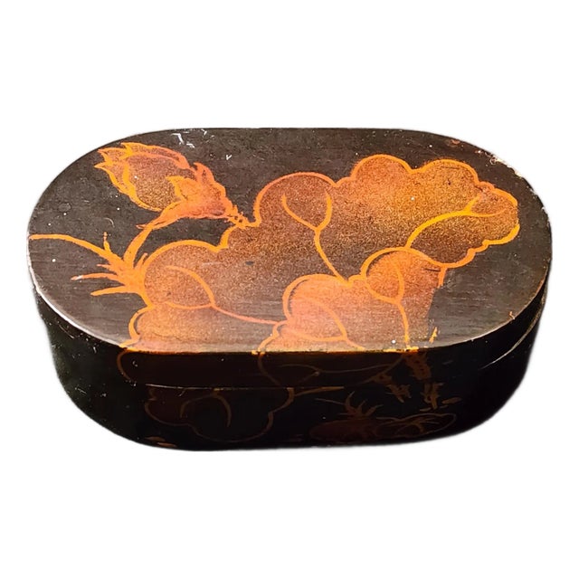 Vintage Japanese Lacquer Trinket Box Asian Makie Lidded Storage With Red Lining Decor For Sale