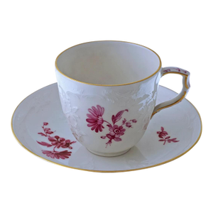 19th Century KPM Berlin Porcelain Demitasse Cup and Saucer Puce Floral Design Reliefzierat
