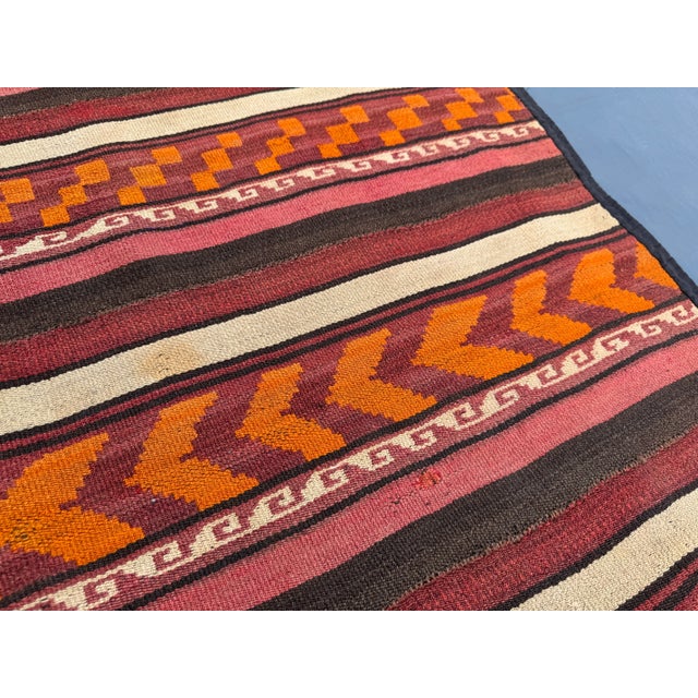 Vintage Distressed Flat Weave Kilim Runner Rug, Earthy Red Orange Geometric Stripes Rug For Sale - Image 6 of 10