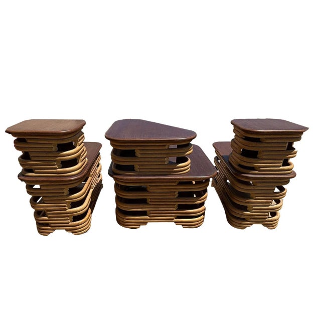 Wood Mid-Century Two-Tier Stacked Rattan & Mahogany Coastal Side & Corner Table Set For Sale - Image 7 of 10
