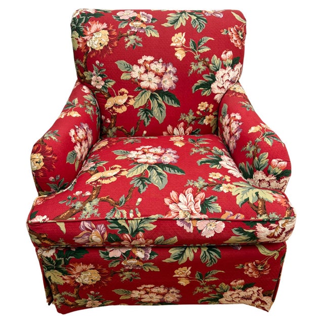 Pair of late 20th century Hickory Chair Company Swivel Chairs from their Sovereign Collection in custom red floral...