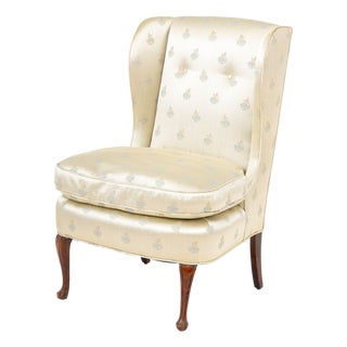 Floral Silk Upholstered Wingback Slipper Chair For Sale