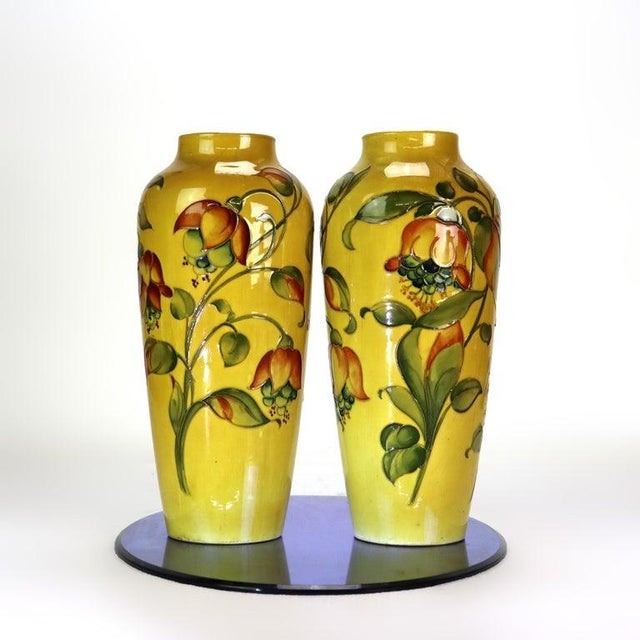 Pair Antique Moorcroft High Glaze Floral Pottery Vase (Drilled for Lamp Bases) For Sale - Image 4 of 10