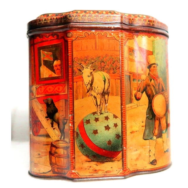 Victorian Very Rare Antique Huntley and Palmers Lidded Hinged Biscuit Tin Themed With Monkeys, Children, Cats and Dogs. Circa 1880 - 1900 For Sale - Image 3 of 17