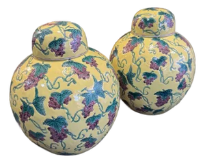 Pair of Vintage Chinese Ginger Jars- Yellow Grapevine