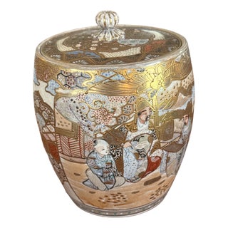 Mid 20th Century Japanese Satsuma Style Lidded Jar Hand Painted Moriage Figural Decor For Sale