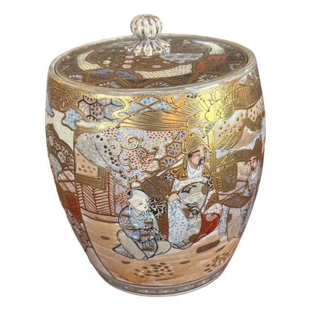 Mid 20th Century Japanese Satsuma Style Lidded Jar Hand Painted Moriage Figural Decor For Sale