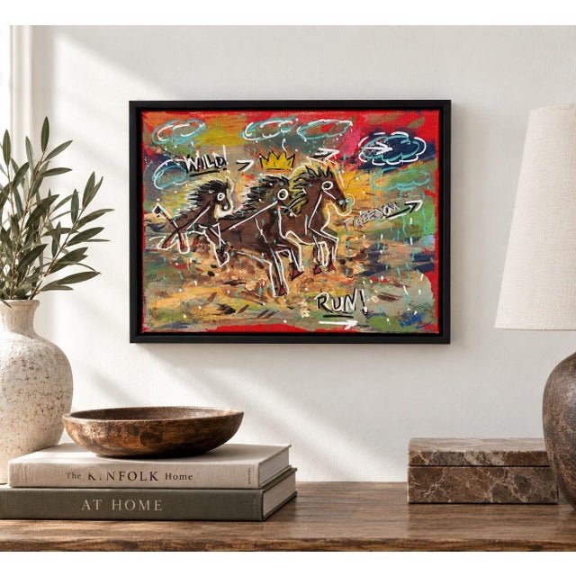 Original artwork by Rebecca Williams, featuring three expressive horses in motion against a richly layered, colorful...