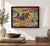 Original artwork by Rebecca Williams, featuring three expressive horses in motion against a richly layered, colorful...