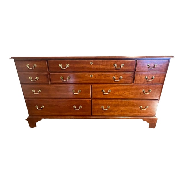 1990s Stickley Hudson Valley Collection Triple Dresser. Bracket-Foot. Bail Pull Done in Solid Brass. For Sale