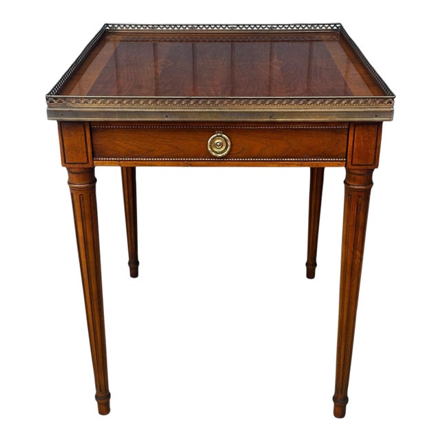 Baker Furniture Louis XVI Side Table With Walnut Veneer & Brass Gallery For Sale