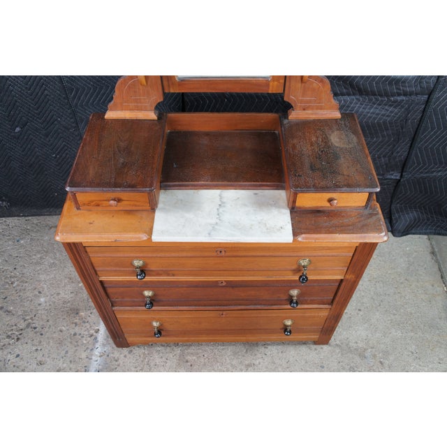 Antique Victorian Eastlake Walnut Marble Top Dresser Glove Box Shaving Mirror For Sale - Image 6 of 12