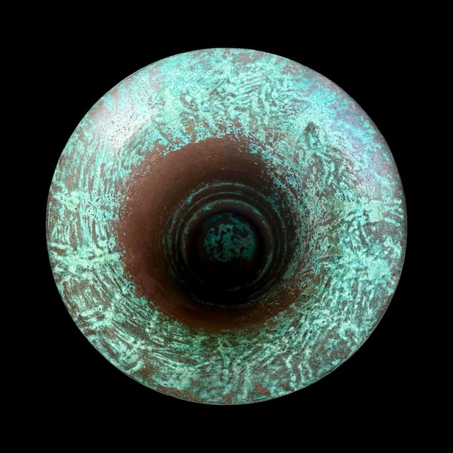 Vintage Carl Sorensen Art Deco Verdigris Bronze Trumpet Vase With Gilt Rings For Sale In San Diego - Image 6 of 7