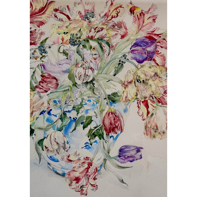 Large Floral Still Life Watercolor Painting With Butterflies, 1989, Modern Frame For Sale In New York - Image 6 of 18