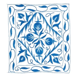 Suzani Textile Hand Embroidery Silk Cushion Cover in Cream & Light Blue. 16"x19" For Sale