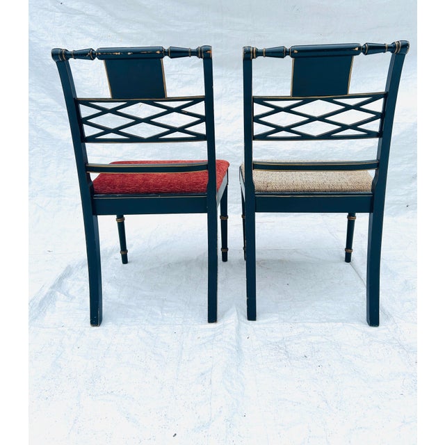Wood 50's Regency Style Painted Black Chinoiserie Set of 2 Chairs For Sale - Image 7 of 12