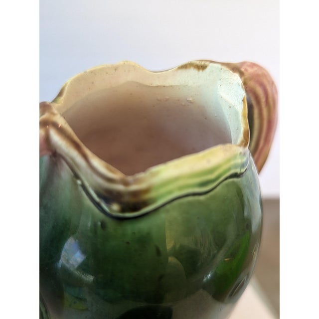 Ceramic Antique French Majolica Iris Vase Twin Handle Green Pink Continental Mold 1207 For Sale - Image 7 of 9