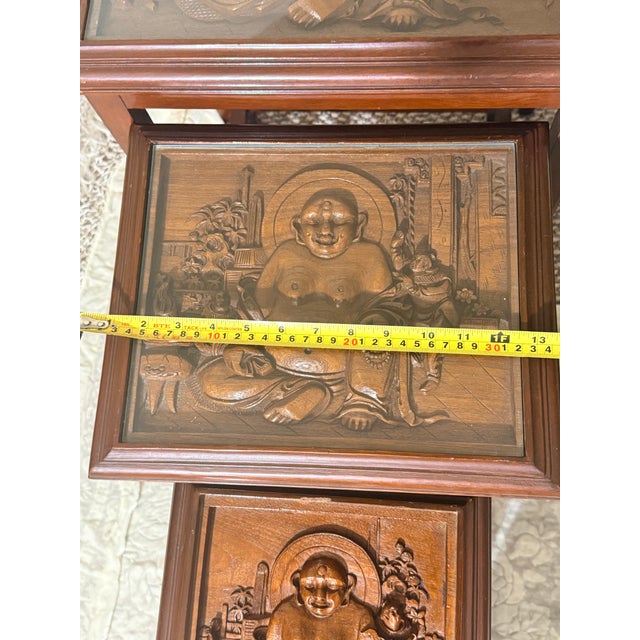 George Zee & Co. Carved Wood Nesting Tables Set with Glass Tops Buddha Carved Amazing unique 4 piece vintage set the...