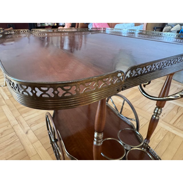 Mid-Century Bar Cart with Folding Leaves, Brass Gallery, and Spoked Wheels, 1960s For Sale - Image 12 of 18