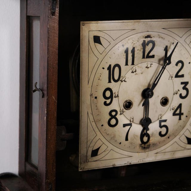 Brown Vintage Oak Wall Clock with Carved Details, 1920s For Sale - Image 8 of 9
