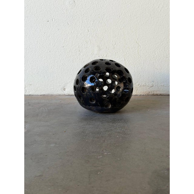 Black Vintage Danish Brutalist Ceramic Candle Holder – Black Pierced Sphere For Sale - Image 8 of 9